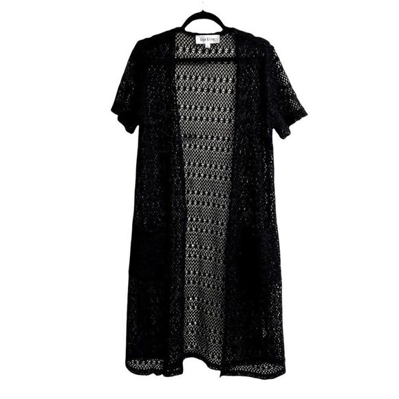 LISA KLINE Black Open Short Sleeve Cardigan Duster Swimwear Kimono Coverup L - Picture 1 of 4